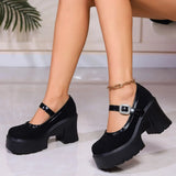 Women Crystal Chunky Heeled Mary Jane Pumps Black High Platform Heeled Shoes Woman Elegant Ankle Strap Thick Heels Party