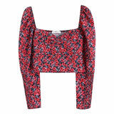 Printingt Square Collar Women Slim Shirt Crop Tops 2019 Autumn Leisure Lady Puff Sleeve Blouse