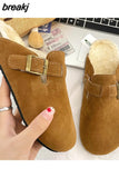 Fashion Women Winter Cork Slippers Closed Toe Artificial Fur Inside Low Heel Casual Soft Warm Fluffy Slide