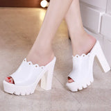 Toe Plus Size 32-43 Block Heels Platform Shoes Woman Summer Slippers 2021 Super High Heels Leather Slides Women