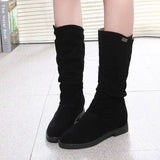 Winter Women Shoes Mid Calf Boots Warm Plush Women's Shoes Retro Slip on Platform Low Heel Knight Long Stretch