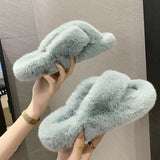 Winter Women Slippers Faux Fur Fully Wrapped Sole Vamp Furry Slippers Black Female Warm Flats Large Size Slides Cozy