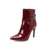High Heels Boots Women Ankle 2023 New Glossy Patent Leather Stilettos Pointed Toe Cross Bandage Zip Plus Size 34-50