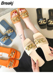 Fashion Metal Chain Summer Mules for Women Square Head Slip on Flip Flops Slides Slipper Women's Sandal Flat Shoes
