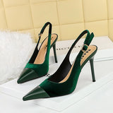 Breakj High Heels Women's Shoes Shallow Mouth West Velvet And Thick Suede Stitching Tip Back Empty Hollow Back Trip Strip Single