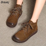 2023 Retro Handmade Women's Genuine Leather Shoes Woman Ankle Boots Female Autumn Shoes Zip Flat With Fur Botas