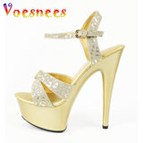 Cross Strap Sexy High Heels Women's Bling Glitter Wedding Bridal Shoes Summer 15CM Party Sandals 5CM Waterproof