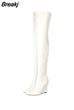 Elegant Woman Thigh High Botas Outdoor Wedges Leather Slip-on Ladies Shoes Thick Bottom Over-knee Boots Big Size