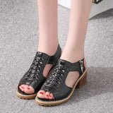 New Women's Square Heel Summer Shoes Leather Zip Gladiator Sandals Medium Heel Zip Platform Sandals High Heels