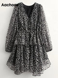 Women Vintage Leopard Printed Mini Dresses Sexy V Neck Lantern Long Sleeve Dresses Female Elegant Casual A Line