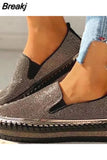 Women Autumn Sequined Round Toe Flats Sneakers Luxury Glitter Crystal Slip On Loafers Platformvulcanized Shoes Sewing Lazy