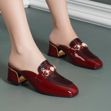 Women Baotou Half Slippers Fashion Metal Chain Square Toe Thick Middle Heel British Style Office Casual Shoes Spring Summer