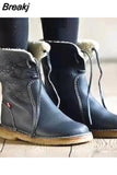 2023 Women Winter Mid Calf Boots Leather Snow Boots Lace Up Plush Fur Warm Slip-on Ladies Shoes Square Heel Short
