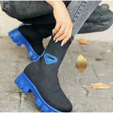 Knitting Boots Women's 202243 Large Size Thick Heel Solid Color Mid-tube Warm Elastic Flying Knitting Boots