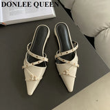 Pointed Toe Flat Heel Mules Shoes Women Closed Toe Outdoor Slippers Elegant Slide Narrow Band Sandal Brand Rivet