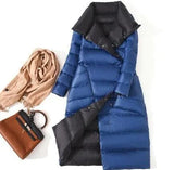 Women Double Sided Down Long Jacket Double Breasted Snow Outwear Warm Parka Stand Collar Lapel 90% White Duck Down