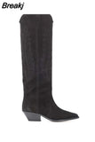 Women's High Boots Nude Black Suede Embroidered Knee High Boots Women Sexy Pointed Toe Spike Kitten Heels Knight