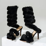 Faux Fur Serpentine winding Women Sandals Sexy Ankle Strap High heels Gladiator Sandals Female Banquet Party Pumps