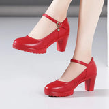 Heel 12Cm Cheongsam Model Catwalk Shoes Women's Thick Heel Thick-Soled Waterproof Platform Non-Slip Round Head Soft Leather Large-Size Single