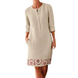 2020 Winter Autumn Button Cotton Linen Dress women Elegant O-Neck Knee length Long Sleeve Pocket Solid Dress Plus Size