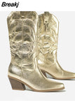 Vintage Style Western Boots For Women 2023 New Arrived Embroidery Mid Calf Boots Pointed Toe Autumn Winter Ladies