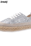 Women Sneakers Woven Gold Sequins Single Shoes Round Head Lace-Up Retro Platform Flats Shoes Light Cozy Walking Vulcanized