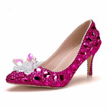 Quee Cinderella Glass Slipper Sexy 7cm Pointed High-Heels Rhinestone Sequins Bridesmaid Wedding
