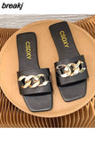 Size 35-43 Flat Leopard Women'S Slippers New European American Metal Chain Square Toe Flat Shoes Women'S Sandals