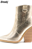 Gold Snake Print Ankle Boots For Women Wedge High Heels Boots Woman Runway Design Chunky Heels Botas Mujer Western