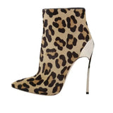 Women Ankle Boots Sexy Leopard Occident Pointed Toe Boots For Party Shoes Zipper Side Metal Spool Heel Booties 2023 Ladies
