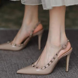 Breakj Rivet Fine Heel Shoes Spring / Summer 2024 Net Red Pointed Patent Leather Nude Sandals Female Temperament After Empty Fine Heel