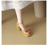 Summer New Vintage Sandals One Line Buckle Beach Sandals Round Head Bow High Heel Sandals