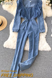 Women Denim Jumpsuit 2023 Spring Autumn Square Collar Long Sleeve Ruffled Slim Empire Long Rompers Casual Jeans