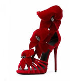 Red Flower High Heel Women Sandals Cut-out Thin Heels String Bead Dress Shoes Big Size 10 Summer High Heeled