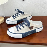 Women Cute Bear Canvas Shoes New Flat Casual All-match Half Slippers Korean Version Trend Lace Up Ladies Vulcanized