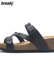 Fashion Women Wedge Cork Slipper 2023 New Summer Beach Outside Buckle Trifle Platform Med Heel Slide