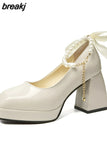Women Pumps Elegant Bow Square Toe Black High Heels Fashion Thick Heel Wedding Party Pearl Lace Wedding Shoe Zapatos