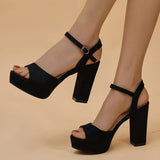 2023 Summer Black High Heel Sandals Woman Flock Platform Heeled Sandals for Women Ankle Strap Peep Toe Pumps