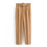 Solid Elegant Pencil Pants Women Business Suit Pants Female Pleated Lady Long Trousers With Belt Pantalones