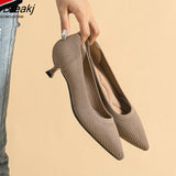 Pointed Toe Single Shoes Small High Heels Simple Solid Color Knitting Woman Shoes Spring Autumn Latex