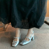 Breakj Senior High-Heeled Women 2025 New Summer Bow Back Space Mary Treasure Shoes Silver Coarse Heel Single