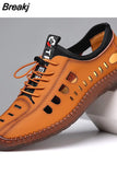Men's Leather Casual Shoes Soft Bottom Men's Handmade Stitching Hollow Sandals Breathable Outdoor Work Shoes for