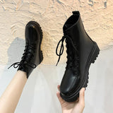 2023 New Fashion Lace Up Casual High Heel Short Boots Thick Sole British Women's