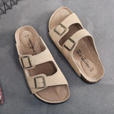 New Summer Men Beach Slipper Couple Shoe Casual Cork Nubuck Leather Women Outdoor Fashion Double Buckle Slide