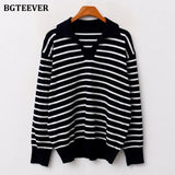 Casual Turn-down Collar Striped Women Sweaters 2021 Autumn Sweater Long Sleeve Loose Female Knitted Pullovers