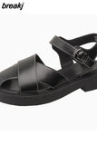 Size 35-40 Women Sandals Retro Rome Real Leather Low Heels Shoes For Women Summer 2023 Buckle Strap Platform