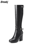 new arrivals large size 33-43 chunky high heels knee high boots woman shoes dropship black brown shoes woman
