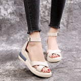 2023 Women Wedges Pu Leather Sandals Buckle Strap Korean Style Solid Platform Side Open Casual Ladies Slingbacks