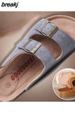 New Summer Men Beach Suede Cork Slipper Couple Shoe Casual Nubuck Leather Women Outdoor Double Buckle Slide
