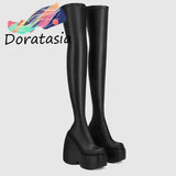 Female Motorcycle Boots High Wedges Black Zipper Platform Thigh High Boots INS Brand Cool Fashion Punk Gothic
